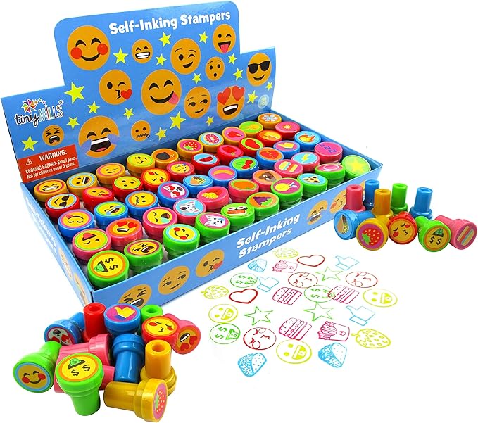 TINYMILLS 50 Pcs Emoji Stamps for Kids – Self-Inking Emoji Assorted Stampers (50 Different Designs), Emoji Birthday Party Favors, Piñata Fillers, Game Prizes, Classroom Rewards, Teacher Stamps