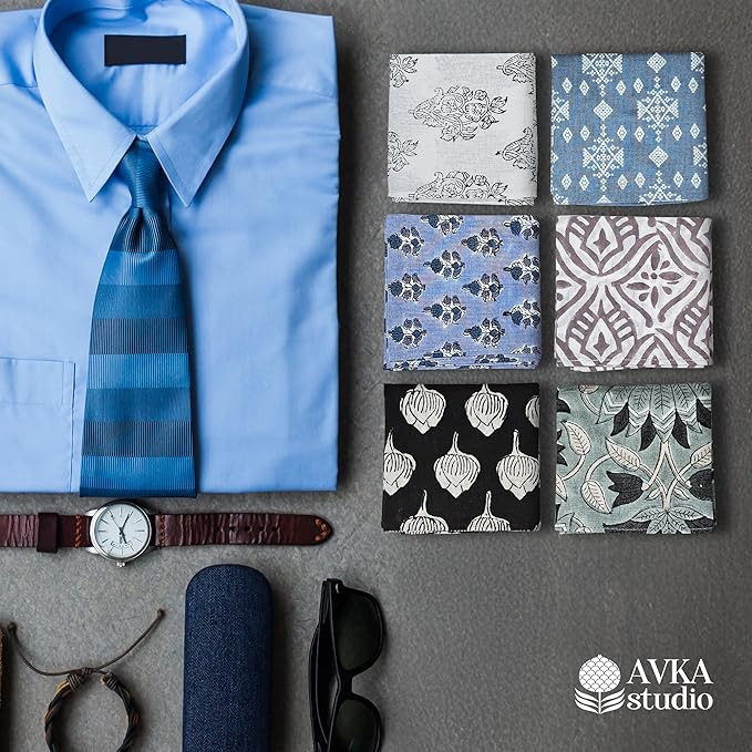 AVKA Studio Men's Handkerchiefs – 100% Cotton, 16x16 Soft Handcrafted Hankies for Men – Sweat Absorbing, Machine Washable, Thin & Lightweight - pack of 6