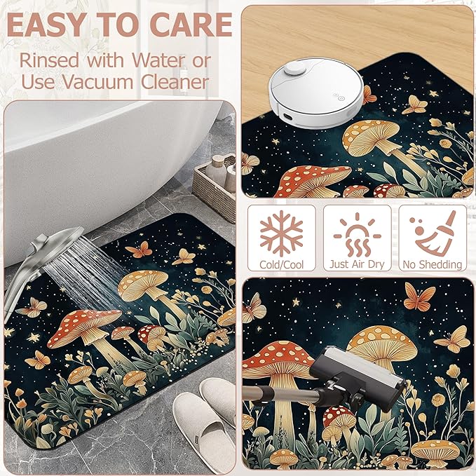 Diatomaceous Earth Bath Mat,Fantasy Mushroom Bath Rugs,Butterfly Stars Non-Slip Thin Absorbent Fast Drying Easy to Clean for Bathroom Laundry Home Kitchen Door Mat 17x29.5Inch