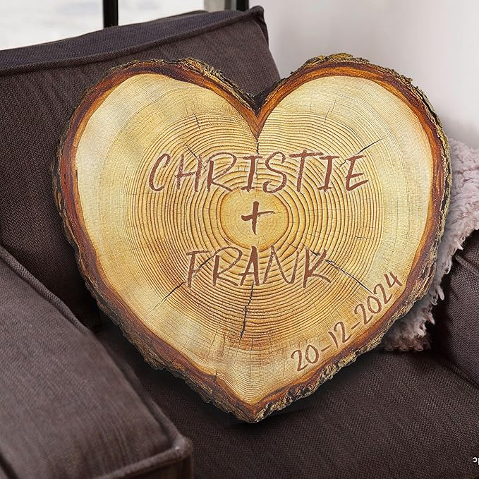 Carved Wood Slice Shaped Ugly Plush Pillow - Wooden Heart Shaped Pillows, Couple Initial Name Personalized Decorative Throw Pillow for Room Decor Sofa Chair, Gifts for Him and Her