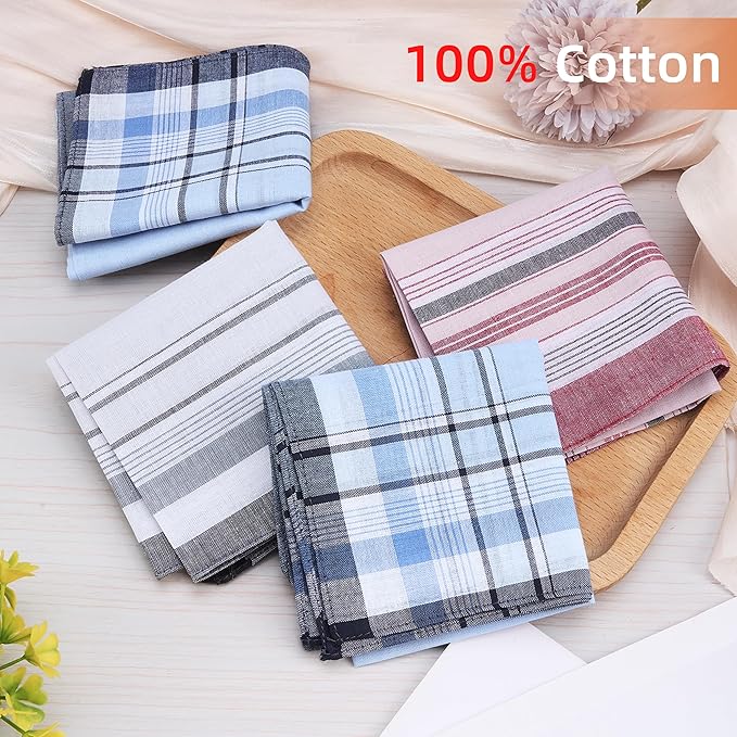 16 Pcs Mens Handkerchiefs, Neat Stitching Cotton Handkerchiefs for Men with Picked Color & Pattern, Absorbent & Breathable, 16 Inch