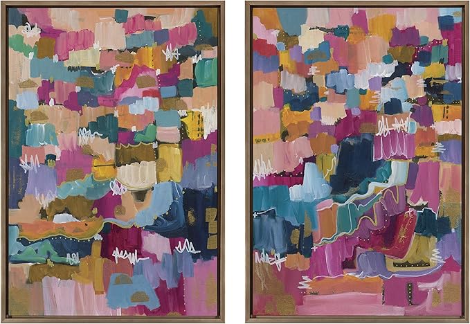 Kate and Laurel Sylvie Applause Framed Canvas Wall Art by Leah Nadeau, Set of 2, 23x33 Gold, Multicolored Abstract Art Collection for Wall