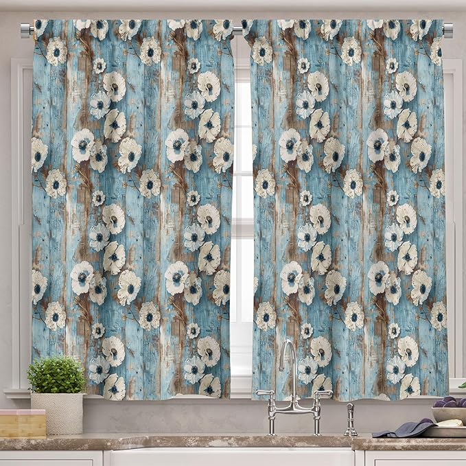 Ambesonne Floral Valance & Tier Curtain 3 pcs Set, Vintage Weathered Paint of Poppy Flowers on Vertical Wooden Planks, Window Treatments for Kitchen Room Decor, 55" x 36", Coconut Pale Blue and Dusk