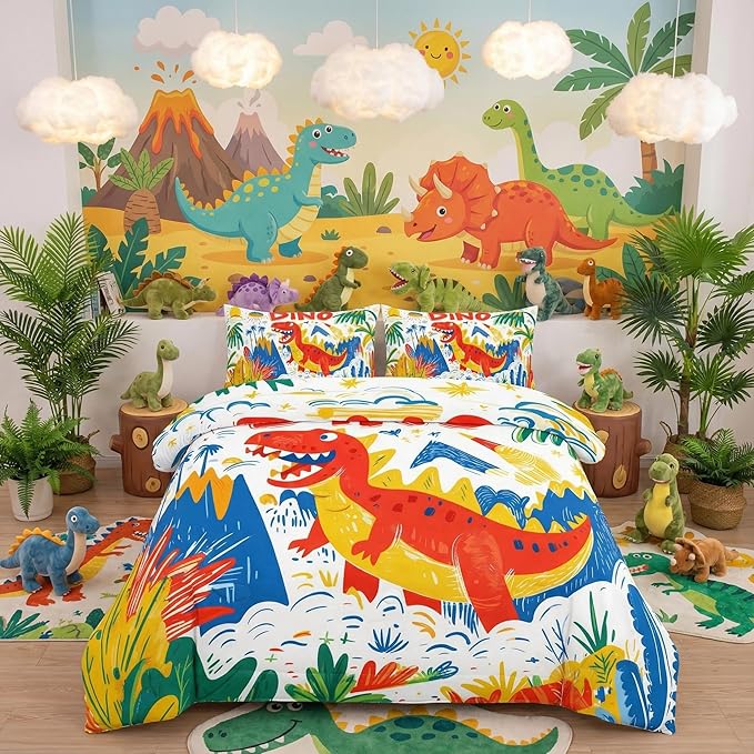 Helloosun 5PCS Dinosaur Comforter Sets Twin,Cartoon Dinosaur Bedding Sets for Kids,Colourful Toddler Comforter Twin