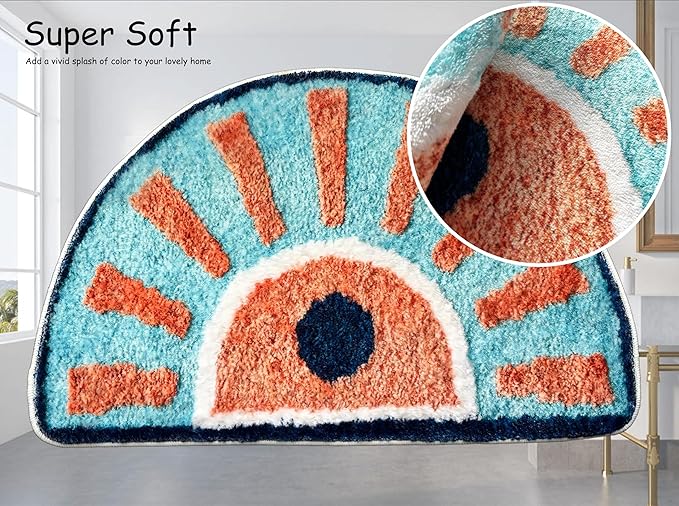Washable Cute Bath Mat for Bathroom,31x20 Half Circle Non-Slip Small Bath Rugs, Absorbent Quick Dry Bath Mats, Plush Carpet for Bathtub, Boho Farmhouse Decor (Blue Sunshine)