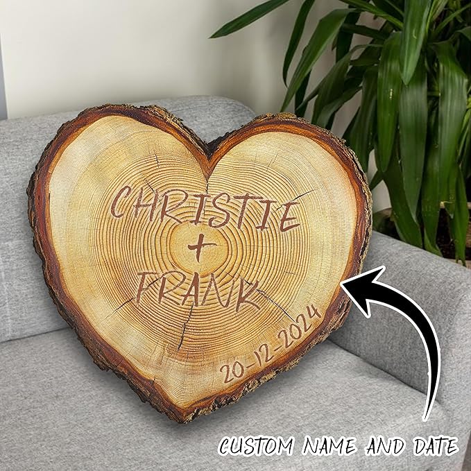 Carved Wood Slice Shaped Ugly Plush Pillow - Wooden Heart Shaped Pillows, Couple Initial Name Personalized Decorative Throw Pillow for Room Decor Sofa Chair, Gifts for Him and Her