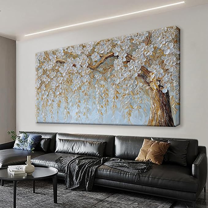 Suconvng Wall Art Living Room Flower White Tree Wall Art Modern Canvas Art Wall Decor Home Wall Decor Suitable Picture For Bedroom Apartment Office Can Be Hung 24" X 48"