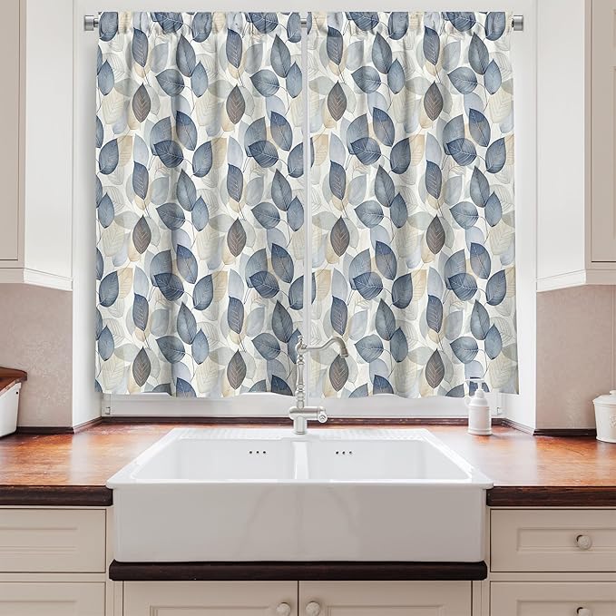 Ambesonne Leaf Art Kitchen Curtains, Modern Abstract Autumn Waltz with Cold Tones of Leaves Paint Print, Window Drapes 2 Panel Set for Kitchen Cafe Decor, 55" x 30", Dark Night Blue and Beige