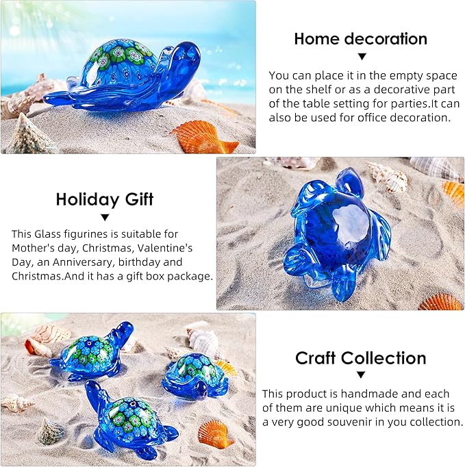 EUSTUMA Hand Blown Glass Sea Turtle Figurine,Sea Animal Ornament for Home Decor,Sea Animals Collection for Birthday Gift,Glass Tortoise Sculpture