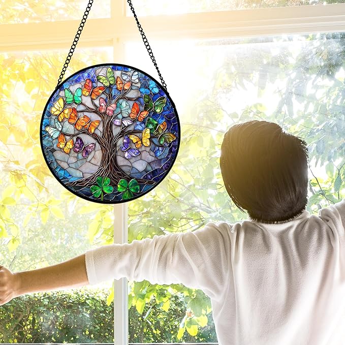 Stained Glass Window Hanging, Butterfly Tree Clover Sun Catchers Glass Panel Blue Suncatcher Decor for Birthday for Women, Men, Wife, Aunt, and Mom 11.8x11.8 in