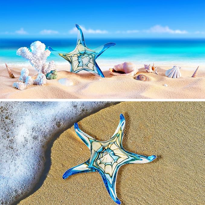 QFkris 7.5" Glass Starfish Figurine Collectibles Hand Blown Art Glass Sea Animals Marine Life Sculpture Home Decor Murano for Women