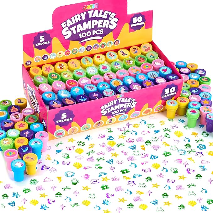JOYIN 100PCS FairyTale's Stamps for Kids Self-Ink for Party Favor, Teacher Stamps, Kids Treasure Box, Prize for Classroom, Easter Egg Stuffers (50 Designs, Mermaid, Princess, Unicorn Stampers)