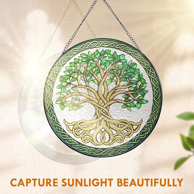 FLAGWIX Tree of Life Gifts for Women Men - Stained Glass Window Hanging 10 in - Birthday Gifts for Mom Grandma, Tree of Life Decorations Indoor, Celtic Suncatchers Garden Decor
