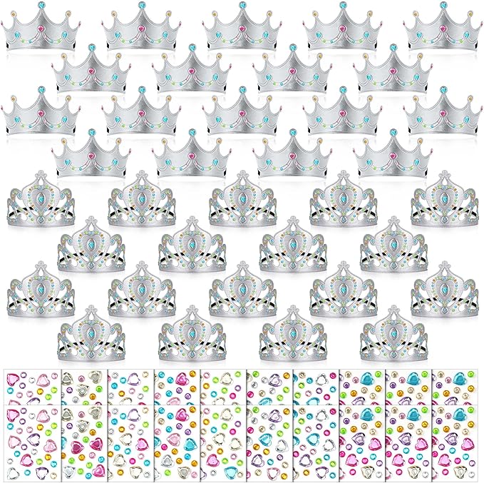 Yaomiao 66 Pieces Foam Princess Tiaras DIY Crowns Kids Party Favors Craft Crystal Diamond Sticker Making Your Own Tiara Girls(Silver)
