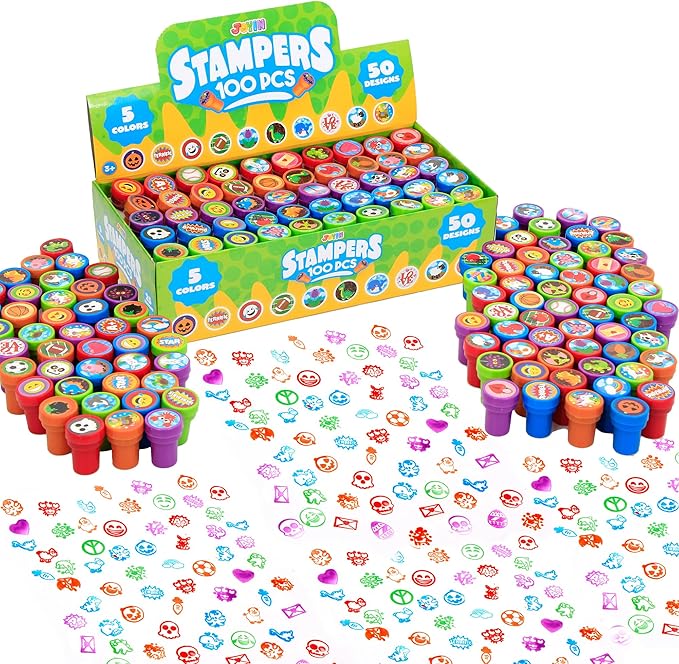JOYIN 100 Pcs Assorted Stamps for Kids Self-Ink Stamps (50 Different Designs, Dinosaur, Zoo Safari Stampers) for Party Favor, Carnival Prizes, School, Easter Egg Stuffers, Halloween, Christmas