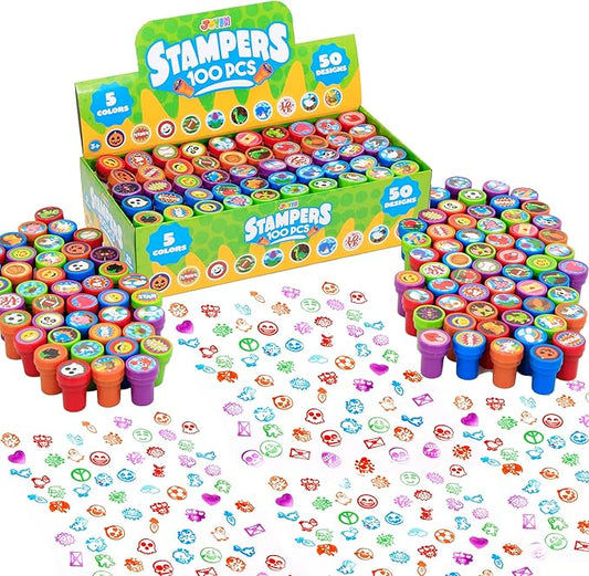 JOYIN 100 Pcs Assorted Stamps for Kids Self-Ink Stamps (50 Different Designs, Dinosaur, Zoo Safari Stampers) for Party Favor, Carnival Prizes, School, Easter Egg Stuffers, Halloween, Christmas