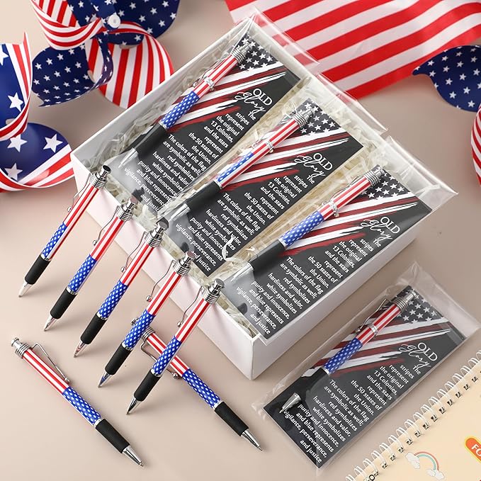 200 Sets American Flag Ballpoint Pens Bulk USA Patriotic Themed Black Ink Retractable Pen Stars Stripes Bookmarks Stationery Easter Party Gifts for Home Office Army Veterans Souvenirs