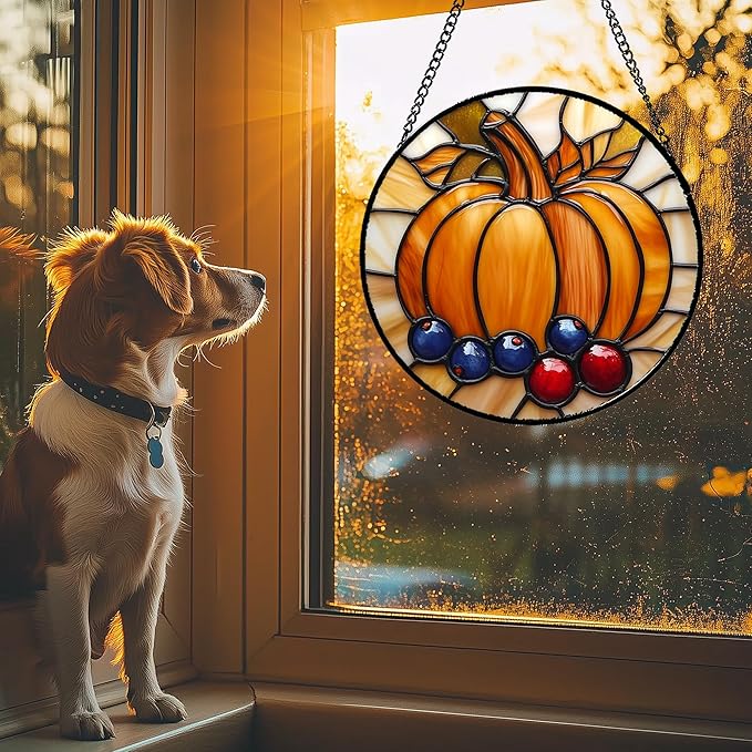 Stained Glass Window Hanging Fall Pumpkin Berries 6.3" - Suncatcher Door Garden Kitchen Sunroom Sun Catcher Autumn Home Decor Birthday for Mom Grandma Men Woman