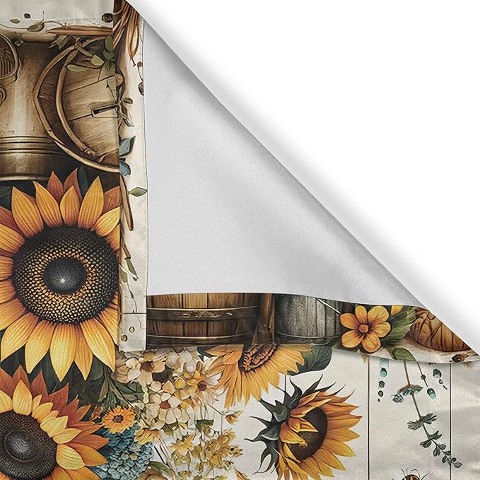 Ambesonne Farmhouse Valance & Tier Curtain 3 pcs Set, Dream Illustration of Sunflowers and Cow with Flying Bees Cottagecore, Window Treatments for Kitchen Room Decor, 55" x 45", Mustard Eggshell Cocoa