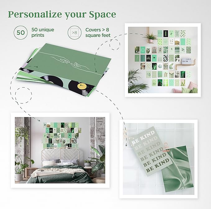 HAUS AND HUES Green Wall Collage Kit 50 Poster Pictures For Teens Aesthetic Wall Art Dark Green (Set)