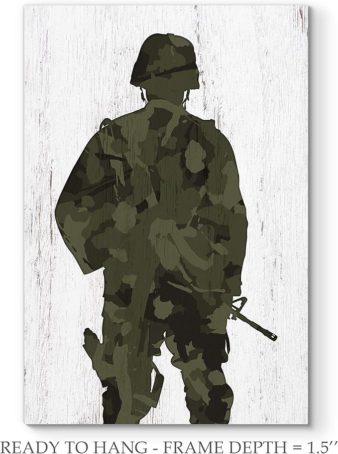 Renditions Gallery Canvas Figurative Wall Art Modern Paintings Decorations Military Soldier Silhouette Abstract Green Black American Patriotic Artwork for Bedroom Office Kitchen - 30"x40" LT25