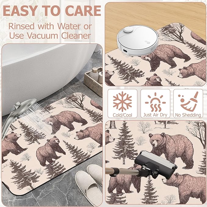 Retro Bear Bathroom Rugs,Bath Mats for Bathroom,Forest Printed Low Pile Absorbent Bath Mat,Rubber Backing Non Slip Washable Thin Quick Dry Door Mat 17x29.5 Inch