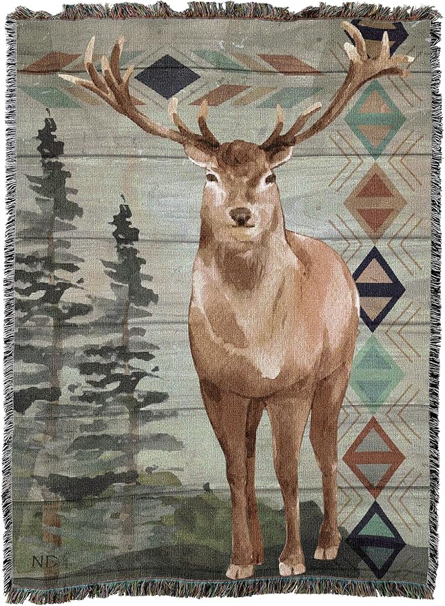 Pure Country Weavers Animals Lodge Deer Elk 2 Blanket by Nicole DeCamp - Wildlife Lodge Cabin Gift Tapestry Throw Woven from Cotton - Made in The USA (72x54)