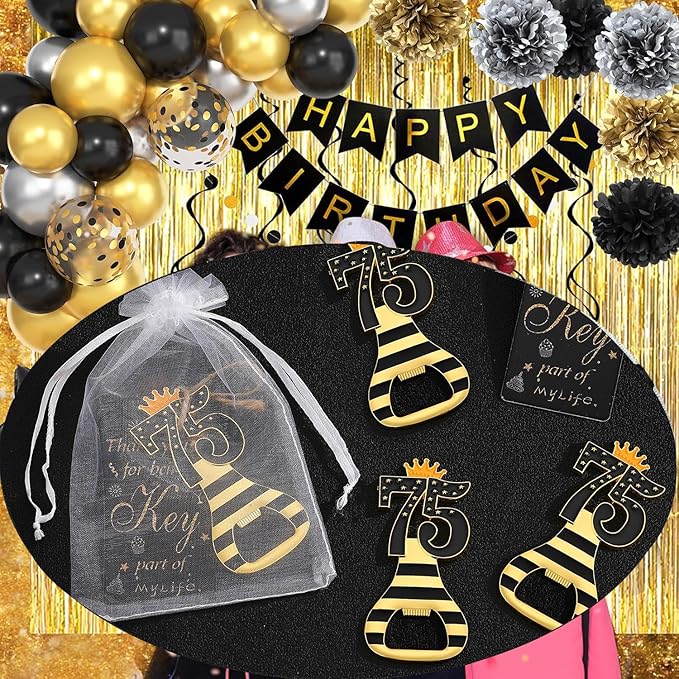 24pcs 75th Gold Keychain Bottle Opener 75th Birthday Party Favors, 75 Keychain Beer Bottle Opener Favors Anniversary Souvenirs Return Gifts for Guests Party Decor Supplies (black 75)