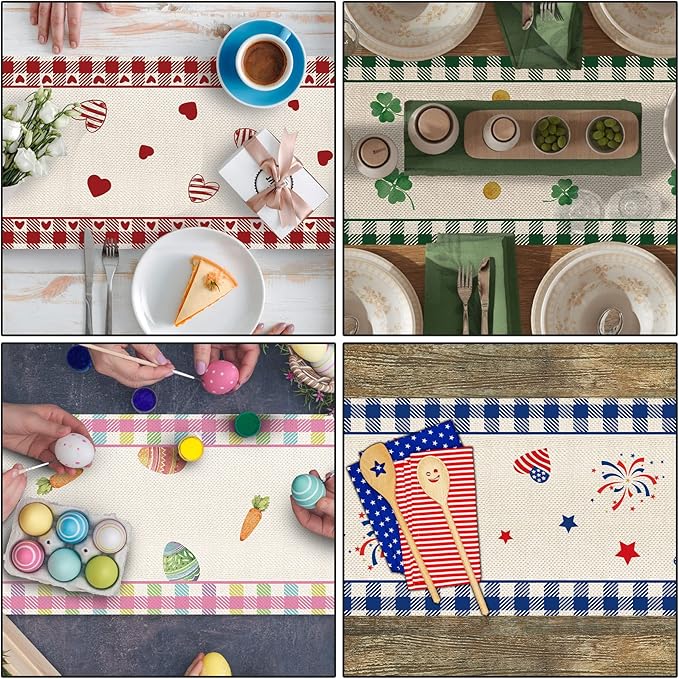 8 Pcs Gnomes Holiday Table Runner 72 Inches Long, Plaid Valentines Day St Patricks Day Easter 4th of July Halloween Thanksgiving Day New Year Christmas Burlap Table Decor for Home Farmhouse