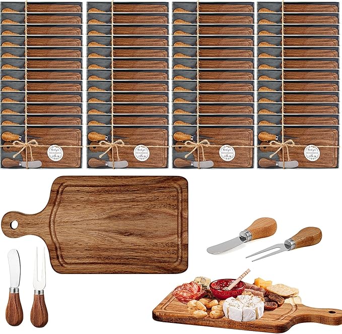 70 Sets Bridal Baby Shower Cheese Prizes Wooden Square Board Gift Set Knives Forks Thank You Tags with Box for Guests for Valentines Bridal Baby Shower Housewarming (Acacia Wood)