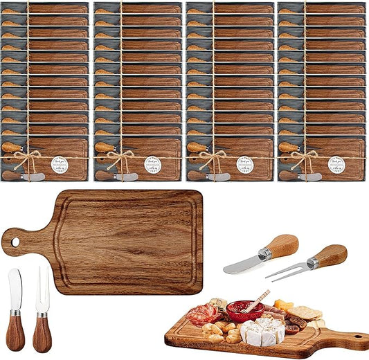 100 Set Bridal Baby Shower Cheese Prizes Wooden Square Board Gift Set Knives Forks Thank You Tag with Box for Guests for Valentines Bridal Baby Shower Housewarming (Acacia Color) (Acacia Color)