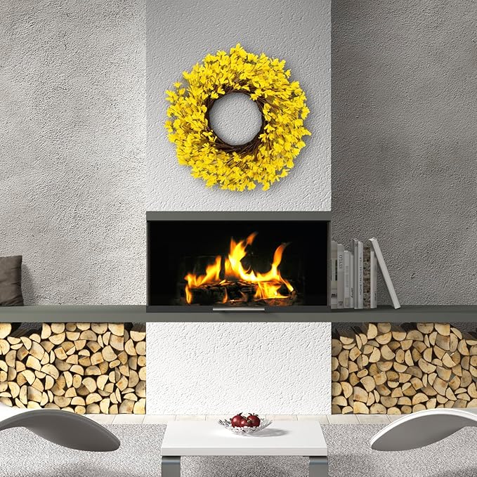Huashen 24 Inch Yellow Forsythia Wreath Winter Front Door Blossom Cluster Flower Farmhouse on Grapevine for Festival Celebration Wall Window Decoration Home Christmas Décor