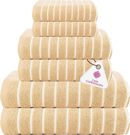 CASA COPENHAGEN Ecstatic 6 Pieces Towel Set- Beige, 600 GSM 2 Bath Towel 2 Hand Towel 2 Washcloth, Designed in Denmark Made of Soft Egyptian Cotton for Bathroom, Kitchen & Shower