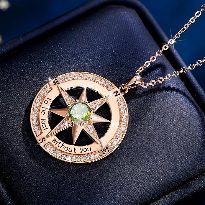 S925 Necklace Birthstone Compass Gift for Women Jewelry Sterling Silver Necklace for Wife Wedding Anniversary Girlfriend Birthday Gifts for Her Valentines Day Mom Mothers Day
