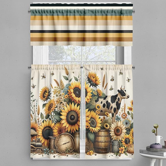 Ambesonne Farmhouse Valance & Tier Curtain 3 pcs Set, Dream Illustration of Sunflowers and Cow with Flying Bees Cottagecore, Window Treatments for Kitchen Room Decor, 55" x 24", Mustard Eggshell Cocoa