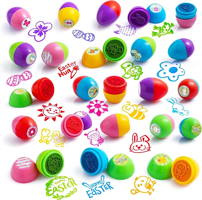 JOYIN 24Pcs Easter Egg Stampers Toys for Easter Eggs Hunt Game, Basket Stuffers Fillers, Kids Party Favor, Assorted Self-ink Stamp for Classroom Exchange and Prize Supplies Gifts