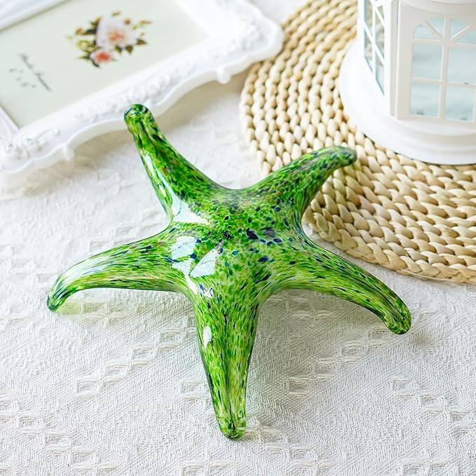 QFkris 7.8" Hand Blown Glass Starfish Figurines, Glass Sea Life Animal Ornaments for Home Decor, Star Fish Paperweight for Office Deck, for Mom Women