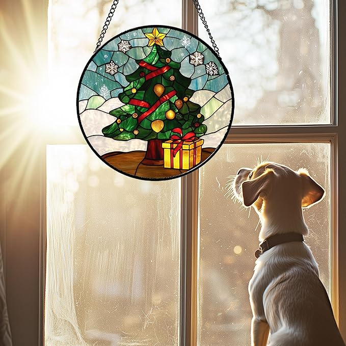 Stained Glass Window Hanging Green Christmas Tree Snowflake 6.3" - Suncatcher Door Garden Sun Catcher Xmas Holiday Decor Birthday for Mom Men Woman Friend Nana