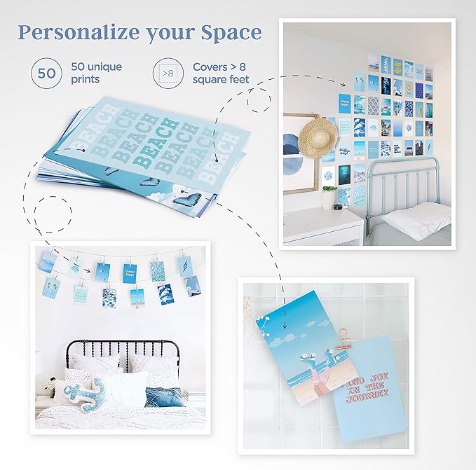 HAUS AND HUES Blue Photo Collage Kit for Wall Aesthetic Décor Beach Aesthetic Posters & Aesthetic Pictures | Aesthetic Blue College Room Decor (Set of 50)