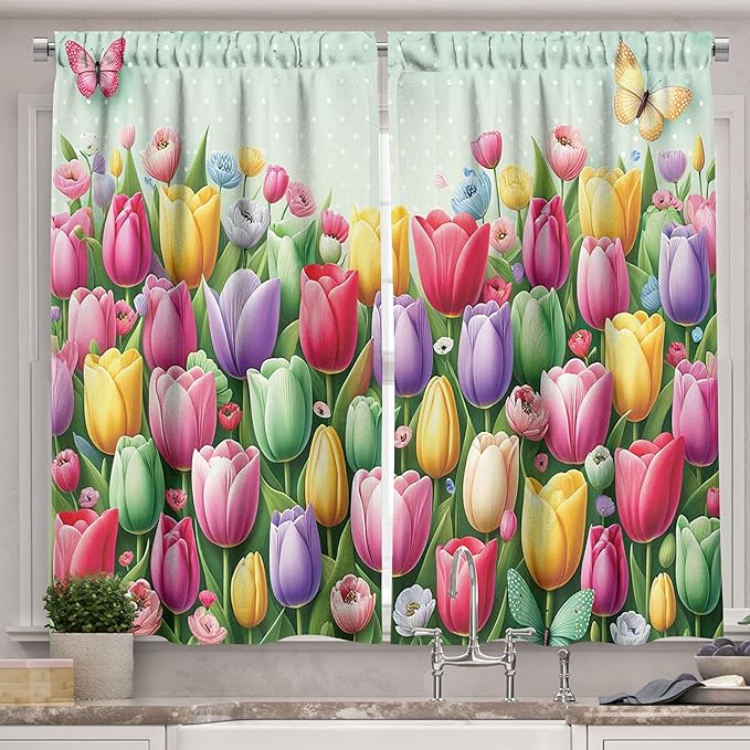 Ambesonne Tulip Flowers Long Kitchen Curtains, Dreamy Composition of Garden Scenario Butterfly and Dot Details, 2 Panel Set Drapes with Rod Pocket Room Decor, 55" x 45", Mint Green and Multicolor