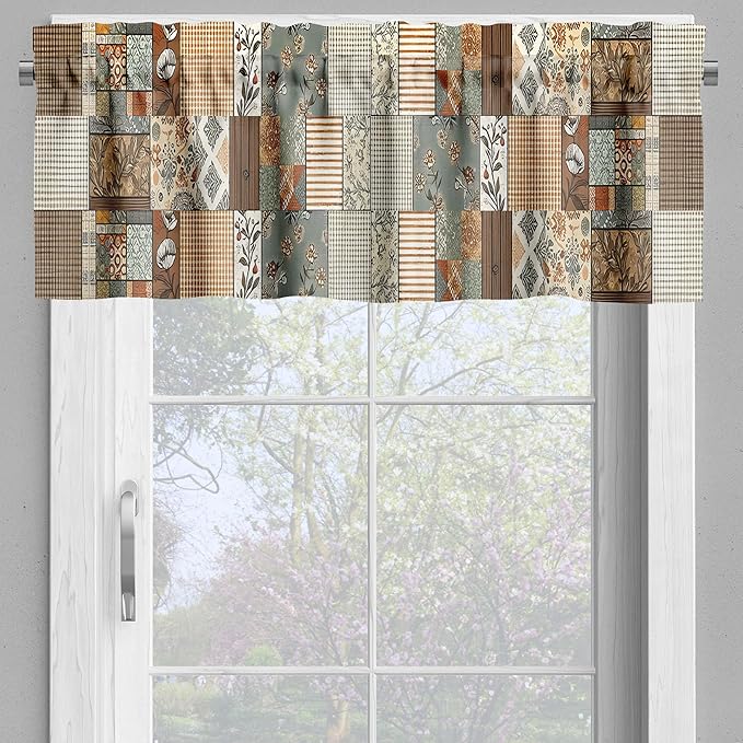 Ambesonne Boho Valance & Tier Curtain 3 pcs Set, Vintage Style Bohemian Pattern with Spices and Ethnic Patchwork Rectangles, Window Treatments for Kitchen Room Decor, 55" x 24", Taupe Grey Teal Orange