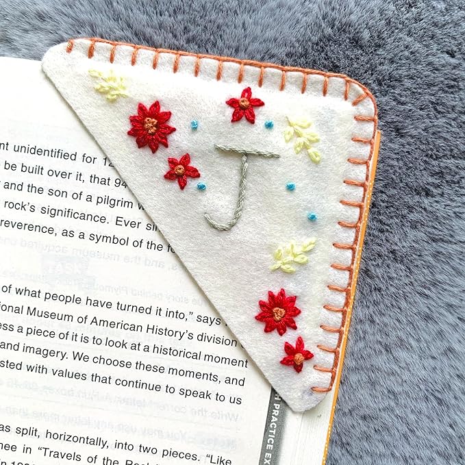 Personalized Hand Embroidered Corner Bookmark, Cute Flower Book Mark, Hand Stitch Gift for Women Book Lovers (J, White)