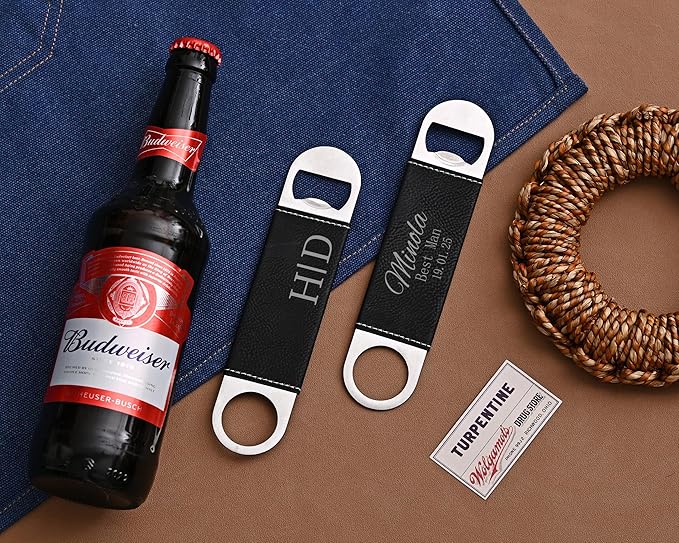 Personalized leather bottle opener. Wedding favors, anniversary souvenirs, Father's Day gifts