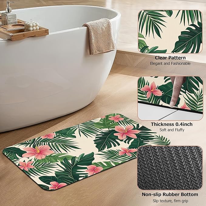 Tropical Leaves Bath Mat,Pink Flower Diatomaceous Earth Bath Mat,Rubber Backing Quick Dry Absorbent Washable Bathroom Rugs for Tub Non Slip 17"x29.5"