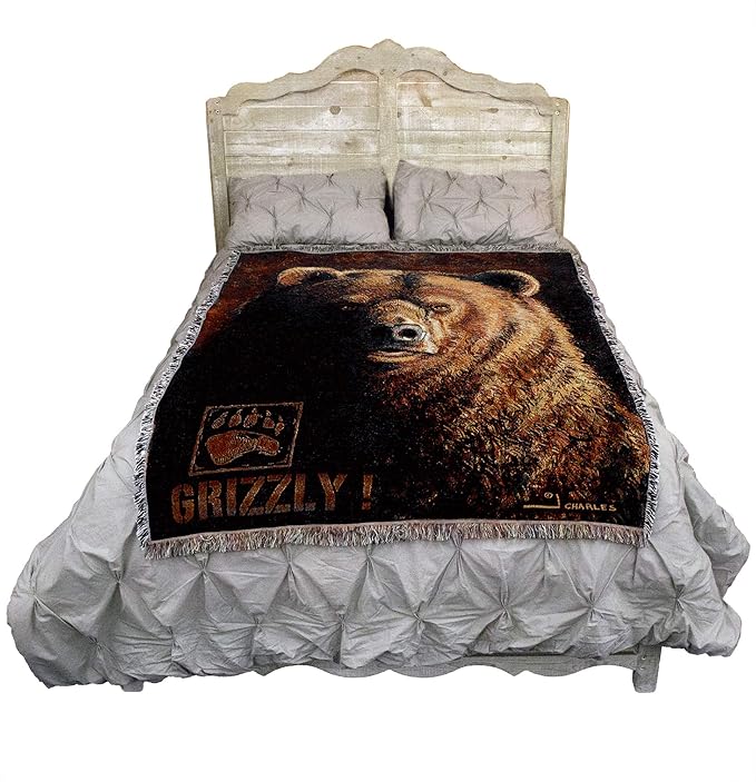 Pure Country Weavers Shadow Beast Grizzly Bear Blanket by Greg Giordano - Wildlife Lodge Cabin Gift Tapestry Throw Woven from Cotton - Made in The USA (72x54)