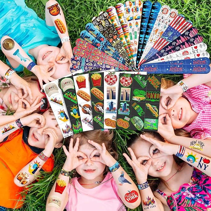 96 PCS New York Party Favors Set – 72 Pre-Cut Temporary Tattoos & 24 Slap Bracelets, Perfect for Travel Parties & City-Themed Celebrations