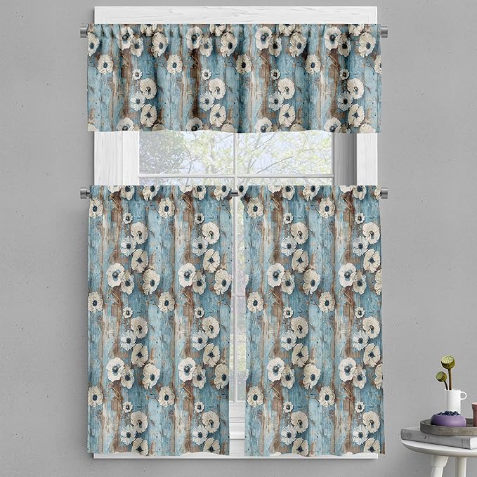Ambesonne Floral Valance & Tier Curtain 3 pcs Set, Vintage Weathered Paint of Poppy Flowers on Vertical Wooden Planks, Window Treatments for Kitchen Room Decor, 55" x 45", Coconut Pale Blue and Dusk