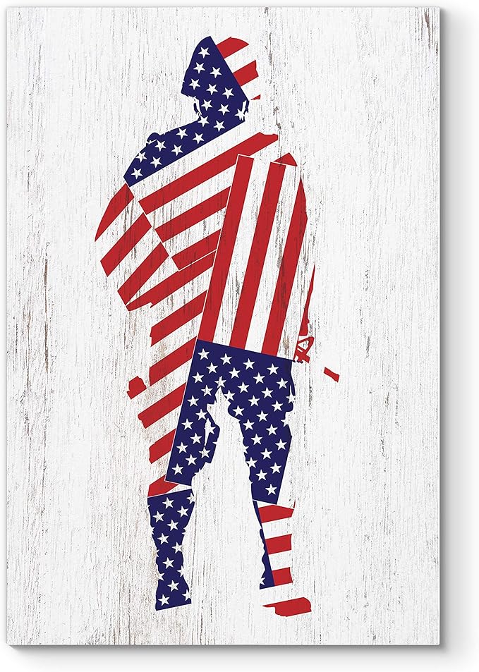 Renditions Gallery Canvas Patriotic Wall Art Home Paintings & Prints Draped American Flag Modern Soldier Canvas Wall Hanging Decorations for Bedroom Office Kitchen - 16"x20" LT25
