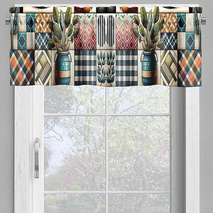 Ambesonne Farmhouse Valance & Tier Curtain 3 pcs Set, Bohemian Mosaic Style Pattern with Pigs Fruits and Botanical Motifs, Window Treatments for Kitchen Room Decor, 55" x 36", Teal Pink and Green