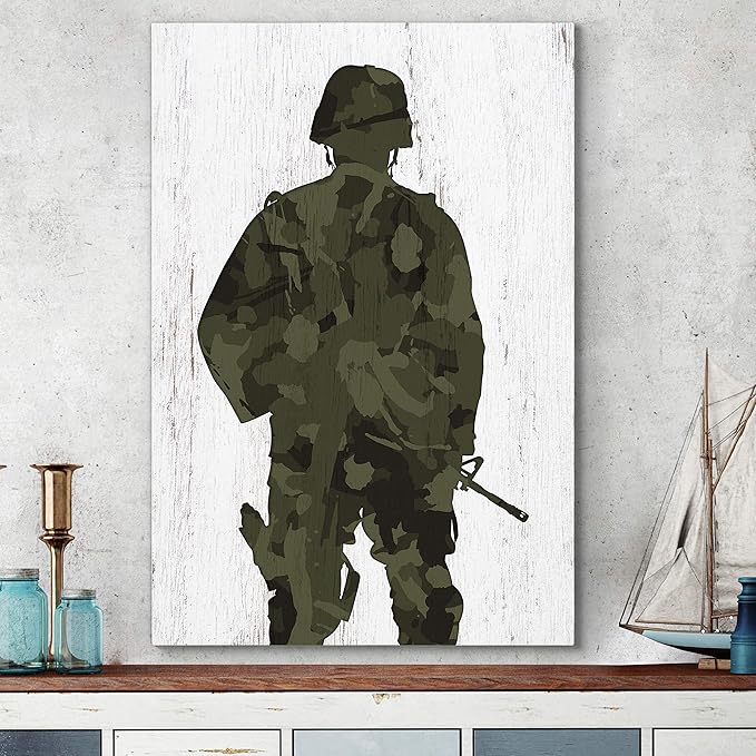 Renditions Gallery Canvas Figurative Wall Art Modern Paintings Decorations Military Soldier Silhouette Abstract Green Black American Patriotic Artwork for Bedroom Office Kitchen - 30"x40" LT25